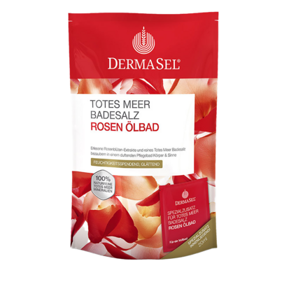 Sie sehen eine Packung DermaSel® Totes Meer Badesalz Rosen Ölbad, Produktbild: 01 DermaSel® Totes Meer Badesalz Rosen Ölbad, A-Nr.: 2648863 - 01