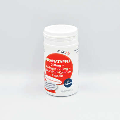 Sie sehen eine Packung Granatapfel 200 mg + Kollagen + Vitamin-B-Komplex Kapseln, Produktbild: 01 Granatapfel 200 mg + Kollagen + Vitamin-B-Komplex Kapseln, A-Nr.: 4547646 - 01