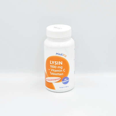 Sie sehen eine Packung Lysin 1.000 mg + Vitamin C Tabletten, Produktbild: 01 Lysin 1.000 mg + Vitamin C Tabletten, A-Nr.: 4547267 - 01