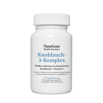 Sie sehen eine Packung NatuGena Knoblauch-3-Komplex Kapseln, Produktbild: 01 NatuGena Knoblauch-3-Komplex Kapseln, A-Nr.: 5814859 - 01