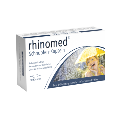 Sie sehen eine Packung rhinomed® Schnupfen-Kapseln, Produktbild: 01 rhinomed® Schnupfen-Kapseln, A-Nr.: 3252972 - 01