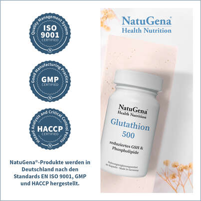 Sie sehen eine Packung NatuGena Glutathion 500 Kapseln, Produktbild: 05 NatuGena Glutathion 500 Kapseln, A-Nr.: 5404268 - 05