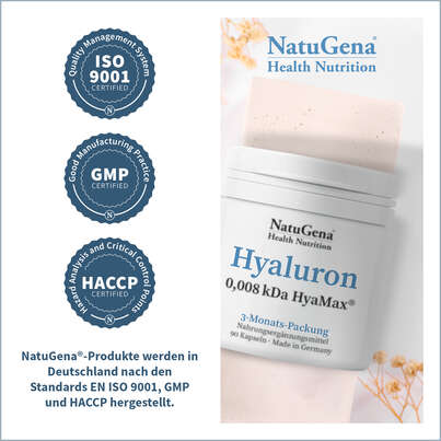 Sie sehen eine Packung NatuGena Hyaluron Kapseln, Produktbild: 05 NatuGena Hyaluron Kapseln, A-Nr.: 5699252 - 05