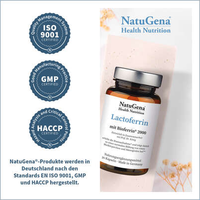 Sie sehen eine Packung NatuGena Lactoferrin Kapseln, Produktbild: 03 NatuGena Lactoferrin Kapseln, A-Nr.: 5665974 - 03