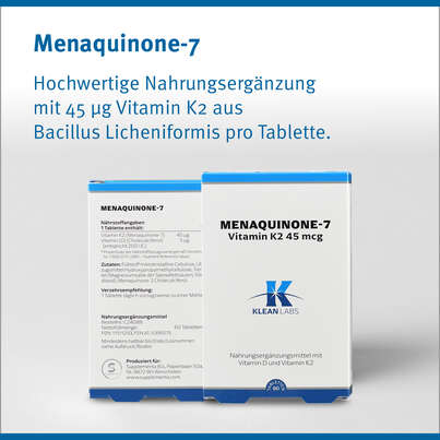 Sie sehen eine Packung Menaquinone-7 Vitamin K2 45 mcg Klean Labs Tabletten, Produktbild: 04 Menaquinone-7 Vitamin K2 45 mcg Klean Labs Tabletten, A-Nr.: 5395575 - 04
