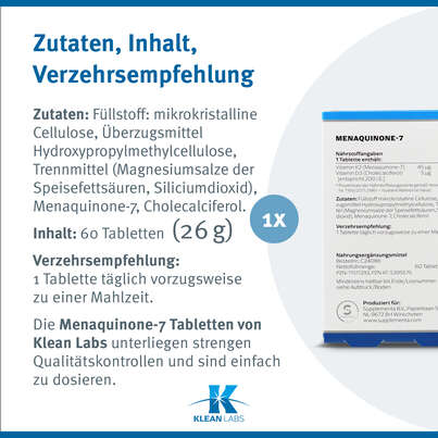Sie sehen eine Packung Menaquinone-7 Vitamin K2 45 mcg Klean Labs Tabletten, Produktbild: 07 Menaquinone-7 Vitamin K2 45 mcg Klean Labs Tabletten, A-Nr.: 5395575 - 07