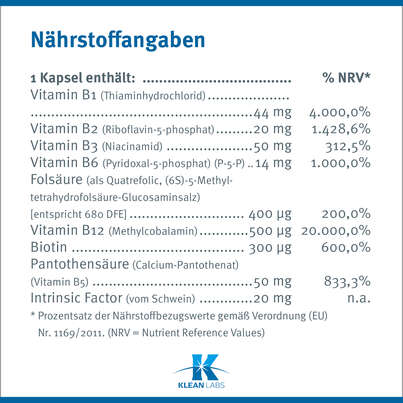 B-Complex mit Metafolin und Intrinsic Faktor Klean Labs Kapseln, A-Nr.: 5395664 - 08
