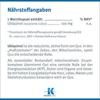 Ubiquinol 100 mg Klean Labs Weichkapsel, A-Nr.: 5395581 - 08