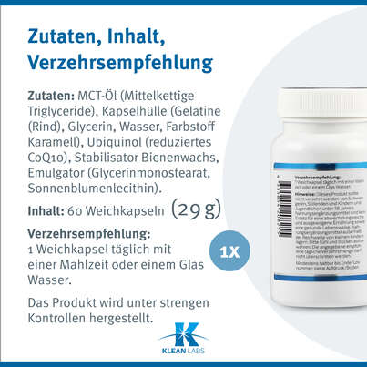 Ubiquinol 100 mg Klean Labs Weichkapsel, A-Nr.: 5395581 - 09