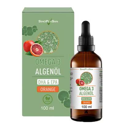 Sie sehen eine Packung Omega 3 Algenöl DHA+ EPA ORANGE 100 ml, Produktbild: 01 Omega 3 Algenöl DHA+ EPA ORANGE 100 ml, A-Nr.: 4867405 - 01