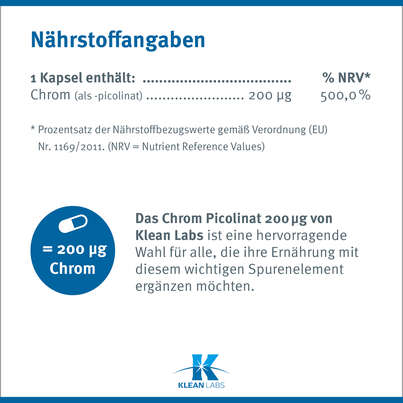 Sie sehen eine Packung Chrompicolinat 200 mcg Klean Labs Kapseln, Produktbild: 08 Chrompicolinat 200 mcg Klean Labs Kapseln, A-Nr.: 5707922 - 08