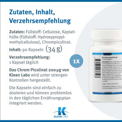 Sie sehen eine Packung Chrompicolinat 200 mcg Klean Labs Kapseln, Produktbild: 09 Chrompicolinat 200 mcg Klean Labs Kapseln, A-Nr.: 5707922 - 09