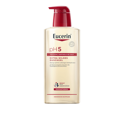Sie sehen eine Packung Eucerin pH5 extra mildes Duschgel 400ml, Produktbild: 01 Eucerin pH5 extra mildes Duschgel 400ml, A-Nr.: 5138938 - 01