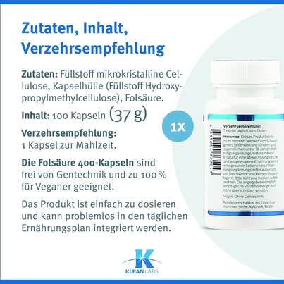 Folsäure 400 Klean Labs Kapseln, A-Nr.: 5598137 - 09
