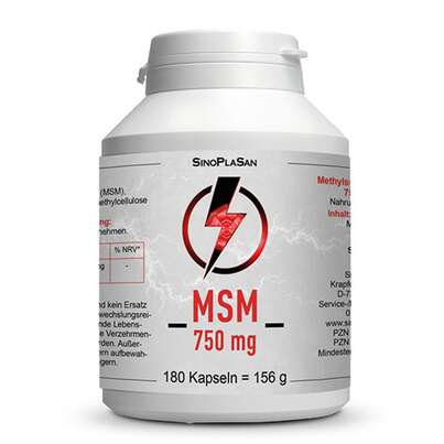 Sie sehen eine Packung MSM 750 mg MONO 99,9% 180 Kapseln, Produktbild: 01 MSM 750 mg MONO 99,9% 180 Kapseln, A-Nr.: 5173751 - 01