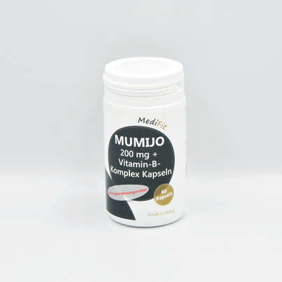 Sie sehen eine Packung Mumijo 200 mg + Vitamin B-Komplex, Produktbild: 01 Mumijo 200 mg + Vitamin B-Komplex, A-Nr.: 4547729 - 01