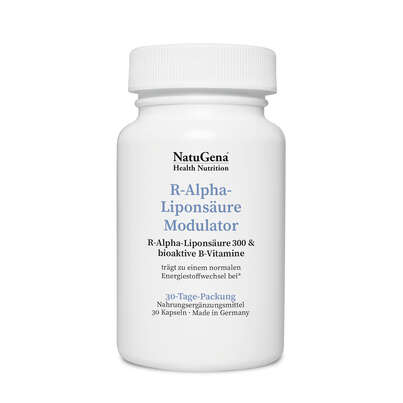 Sie sehen eine Packung NatuGena R-Alpha-Liponsäure Modulator Kapseln, Produktbild: 01 NatuGena R-Alpha-Liponsäure Modulator Kapseln, A-Nr.: 5847250 - 01