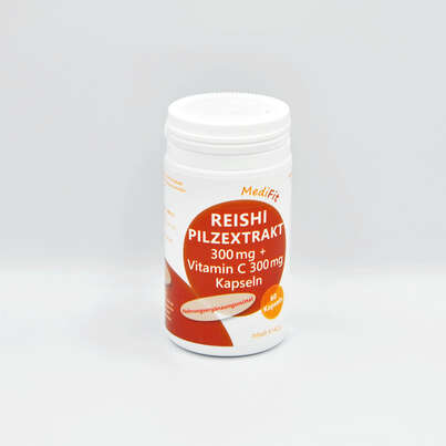 Sie sehen eine Packung Reishi 300 mg Pilzextrakt + Vitamin C 300 mg, Produktbild: 01 Reishi 300 mg Pilzextrakt + Vitamin C 300 mg, A-Nr.: 5571428 - 01