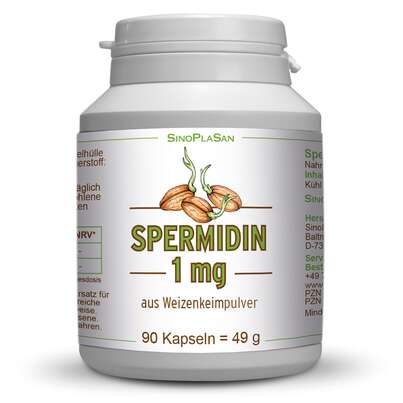 Sie sehen eine Packung Spermidin 1 mg 90 Kapseln, Produktbild: 01 Spermidin 1 mg 90 Kapseln, A-Nr.: 5384726 - 01