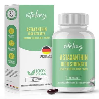 Sie sehen eine Packung Vitabay Astaxanthin 12 mg Kapseln, Produktbild: 01 Vitabay Astaxanthin 12 mg Kapseln, A-Nr.: 5878167 - 01