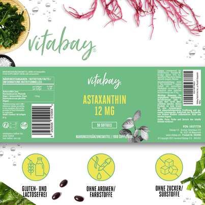Sie sehen eine Packung Vitabay Astaxanthin 12 mg Kapseln, Produktbild: 06 Vitabay Astaxanthin 12 mg Kapseln, A-Nr.: 5878167 - 06