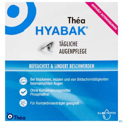 Sie sehen eine Packung Augentropfen Hyabak Hypoton.hyaluronat 0,15% Original 3x10m 30ml, Produktbild: 01 Augentropfen Hyabak Hypoton.hyaluronat 0,15% Original 3x10m 30ml, A-Nr.: 4523580 - 01
