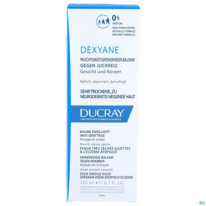 Sie sehen eine Packung Ducray Dexyane Balsam Gegen Juckreiz 200ml, Produktbild: 01 Ducray Dexyane Balsam Gegen Juckreiz 200ml, A-Nr.: 5630711 - 01