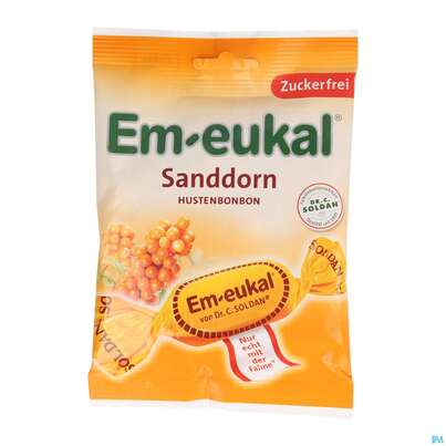 Sie sehen eine Packung Em-eukal Bonbons Zuckerfrei Sanddorn 75g, Produktbild: 01 Em-eukal Bonbons Zuckerfrei Sanddorn 75g, A-Nr.: 3257946 - 01