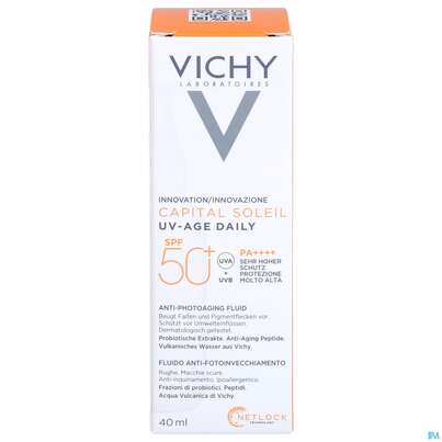 Sie sehen eine Packung Sonnenprodukte Vichy/capital Soleil Gesichtscreme Uv-age Lsf50+ 40ml, Produktbild: 01 Sonnenprodukte Vichy/capital Soleil Gesichtscreme Uv-age Lsf50+ 40ml, A-Nr.: 5360950 - 01