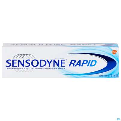 Sie sehen eine Packung Zahnpaste Sensodyne Rapid 75ml, Produktbild: 01 Zahnpaste Sensodyne Rapid 75ml, A-Nr.: 3461003 - 01