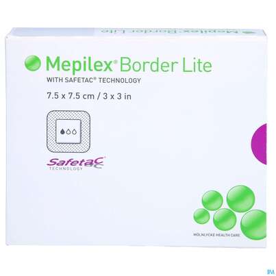 Sie sehen eine Packung Wundverband Mepilex Silikon Border/flex/lite 10x 10cm 5st, Produktbild: 01 Wundverband Mepilex Silikon Border/flex/lite 10x 10cm 5st, A-Nr.: 3067861 - 01