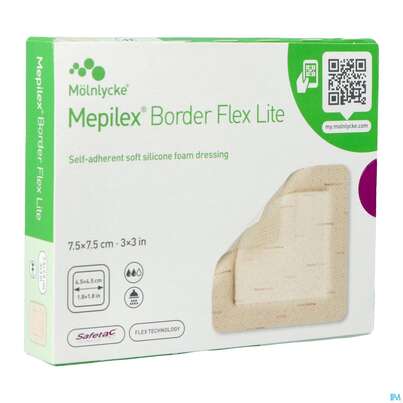 Sie sehen eine Packung Wundverband Mepilex Silikon Border/flex/lite 7,5x 7,5cm 5st, Produktbild: 03 Wundverband Mepilex Silikon Border/flex/lite 7,5x 7,5cm 5st, A-Nr.: 3067849 - 03