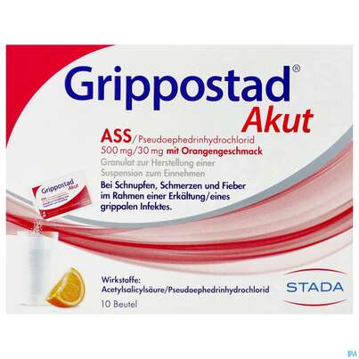 Sie sehen eine Packung Grippostad Akut Ass/pseudoephedrin 500mg/30mg Gran.z.herst E.susp.z.einn Orange 10st, Produktbild: 01 Grippostad Akut Ass/pseudoephedrin 500mg/30mg Gran.z.herst E.susp.z.einn Orange 10st, A-Nr.: 4979742 - 01