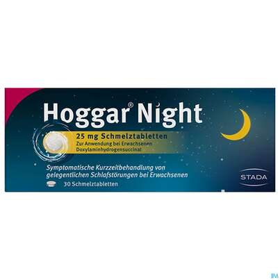 Sie sehen eine Packung Hoggar Night Schmelztabl 25mg 30st, Produktbild: 01 Hoggar Night Schmelztabl 25mg 30st, A-Nr.: 4962322 - 01