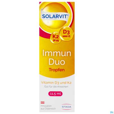 Sie sehen eine Packung D3 Tropfen Solarvit K2 Immun Duo Forte 11,5ml, Produktbild: 01 D3 Tropfen Solarvit K2 Immun Duo Forte 11,5ml, A-Nr.: 4759348 - 01