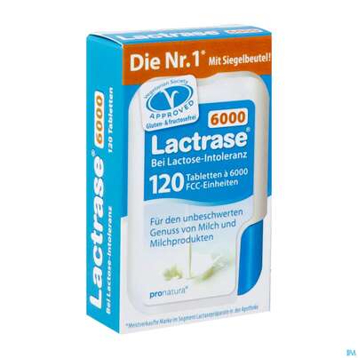 Sie sehen eine Packung Lactrase Tabl Im Klickspender 6.000 Fcc -pro Natura 120st, Produktbild: 02 Lactrase Tabl Im Klickspender 6.000 Fcc -pro Natura 120st, A-Nr.: 4309496 - 02