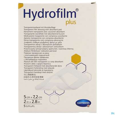 Sie sehen eine Packung Wundverband Hydrofilm/plus 5x 7,2cm 5st, Produktbild: 01 Wundverband Hydrofilm/plus 5x 7,2cm 5st, A-Nr.: 3697177 - 01