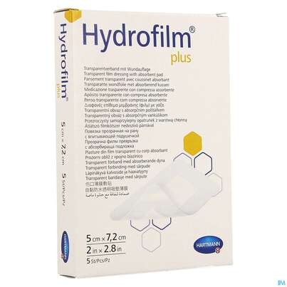 Sie sehen eine Packung Wundverband Hydrofilm/plus 5x 7,2cm 5st, Produktbild: 02 Wundverband Hydrofilm/plus 5x 7,2cm 5st, A-Nr.: 3697177 - 02