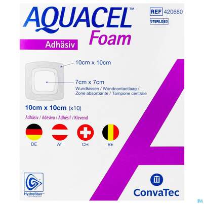Sie sehen eine Packung Convatec Aquacel Foam (7x7 Cm) 10x10 Cm, Produktbild: 02 Convatec Aquacel Foam (7x7 Cm) 10x10 Cm, A-Nr.: 4039223 - 02