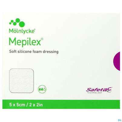 Sie sehen eine Packung Wundverband Mepilex Silikon 5x 5cm 5st, Produktbild: 01 Wundverband Mepilex Silikon 5x 5cm 5st, A-Nr.: 4012017 - 01