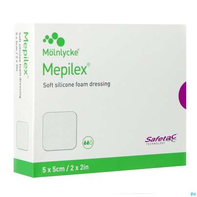 Sie sehen eine Packung Wundverband Mepilex Silikon 5x 5cm 5st, Produktbild: 02 Wundverband Mepilex Silikon 5x 5cm 5st, A-Nr.: 4012017 - 02
