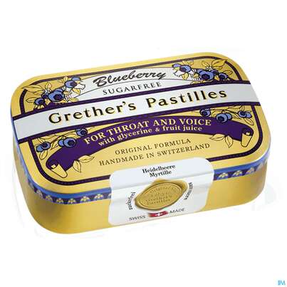 Sie sehen eine Packung Grether's Pastilles Blueberry Zuckerfrei 110g, Produktbild: 01 Grether's Pastilles Blueberry Zuckerfrei 110g, A-Nr.: 3869721 - 01
