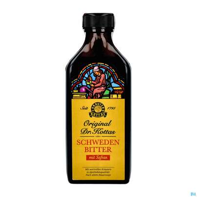 Sie sehen eine Packung Schwedenbitter Dr.Kottas Mit Safran 200ml, Produktbild: 02 Schwedenbitter Dr.Kottas Mit Safran 200ml, A-Nr.: 1243727 - 02