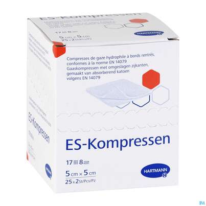 Sie sehen eine Packung Mullkompressen-es Hartmann/steril 8fach 17faedig 5x 5cm 25x2 50st, Produktbild: 03 Mullkompressen-es Hartmann/steril 8fach 17faedig 5x 5cm 25x2 50st, A-Nr.: 1152841 - 03