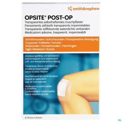Sie sehen eine Packung Wundverband Opsite Post-op 8,5x 9,5cm 5st, Produktbild: 01 Wundverband Opsite Post-op 8,5x 9,5cm 5st, A-Nr.: 1713481 - 01