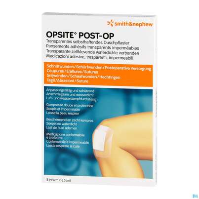 Sie sehen eine Packung Wundverband Opsite Post-op 8,5x 9,5cm 5st, Produktbild: 02 Wundverband Opsite Post-op 8,5x 9,5cm 5st, A-Nr.: 1713481 - 02