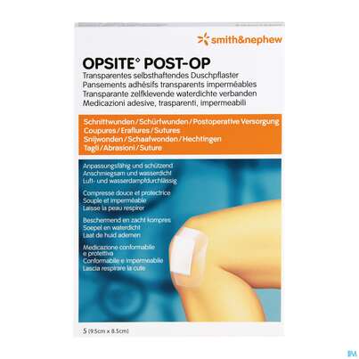 Sie sehen eine Packung Wundverband Opsite Post-op 8,5x 9,5cm 5st, Produktbild: 04 Wundverband Opsite Post-op 8,5x 9,5cm 5st, A-Nr.: 1713481 - 04