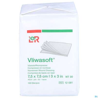 Sie sehen eine Packung Vlieskompressen Vliwasoft 4fach/unsteril Lose 7,5x 7,5cm 100st, Produktbild: 01 Vlieskompressen Vliwasoft 4fach/unsteril Lose 7,5x 7,5cm 100st, A-Nr.: 1017008 - 01