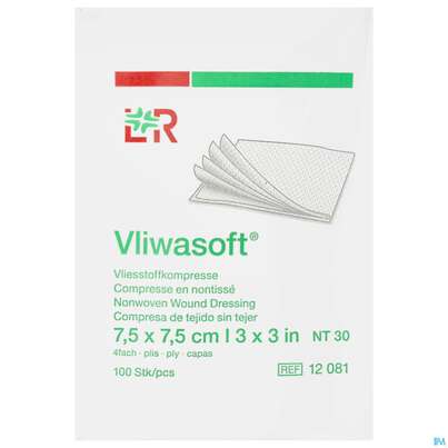 Sie sehen eine Packung Vlieskompressen Vliwasoft 4fach/unsteril Lose 7,5x 7,5cm 100st, Produktbild: 02 Vlieskompressen Vliwasoft 4fach/unsteril Lose 7,5x 7,5cm 100st, A-Nr.: 1017008 - 02
