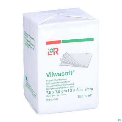 Sie sehen eine Packung Vlieskompressen Vliwasoft 4fach/unsteril Lose 7,5x 7,5cm 100st, Produktbild: 05 Vlieskompressen Vliwasoft 4fach/unsteril Lose 7,5x 7,5cm 100st, A-Nr.: 1017008 - 05